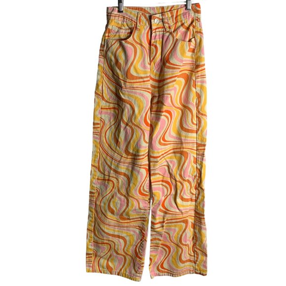 Shein Retro Wide Leg High Rise Jeans XS Orange Swirl Psychedelic 5 Pocket Zip - Picture 1 of 5